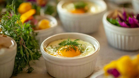 A vibrant egg dish beautifully garnished with fresh herbs. This artistic presentation highlights the use of natural ingredients in gourmet cooking. Perfect for food photography or recipe inspiration.の素材