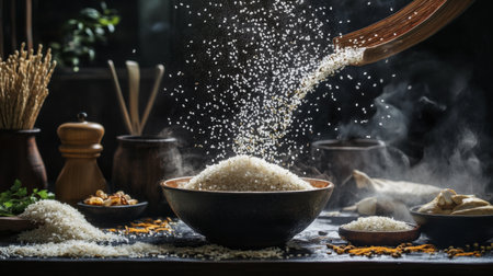 A captivating scene of rice gracefully falling from a spoon into a bowl. The warm, rustic kitchen ambiance highlights the beauty of culinary preparation.の素材