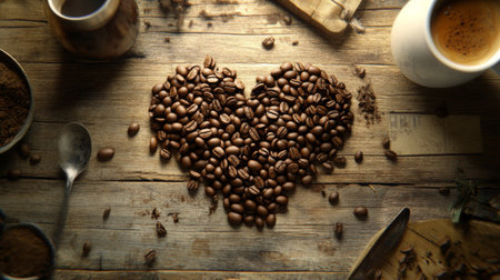 A beautiful arrangement of coffee beans forming a heart shape on a rustic wooden table. Perfect for coffee lovers and food enthusiasts.の素材