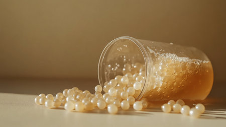 This image features a clear cup spilling delicate pearls and foam, creating a soft aesthetic appeal. The sunlight highlights the texture and colors, perfect for artistic and lifestyle themes.の素材