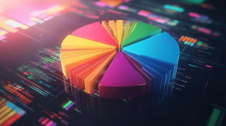 A vibrant pie chart displayed against a dynamic data visualization backdrop, perfect for illustrating analysis, statistical insights, and business presentations.の素材