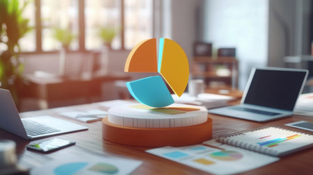 A vibrant pie chart model representing data analysis, set in a modern office environment with laptops and documents, symbolizing business strategies and teamwork.の素材
