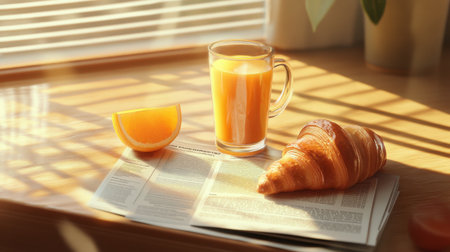 A warm morning scene featuring a glass of fresh orange juice, a croissant, and a slice of orange on a newspaper. Perfect for breakfast ideas.の素材