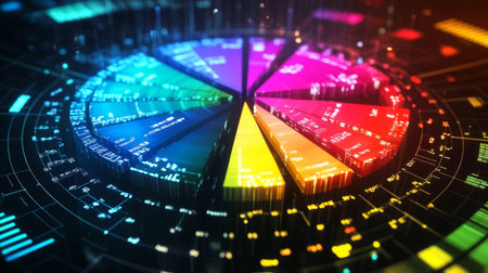 Vibrant 3D chart showcasing data visualization elements with diverse colors, representing analytics and insights for business and technology fields.の素材