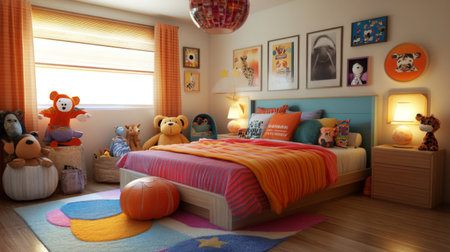 A vibrant kids' bedroom filled with colorful decor and adorable stuffed animals. The inviting layout creates a warm atmosphere for play and relaxation.の素材
