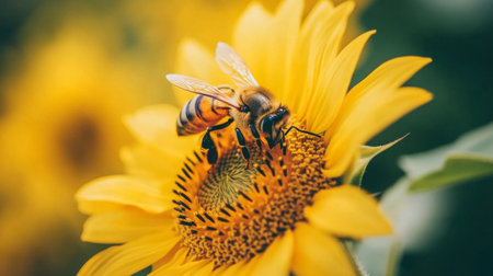 A beautiful close-up of a bee pollinating a vibrant sunflower, capturing the essence of nature's intricate ecosystem and the importance of pollinators.の素材