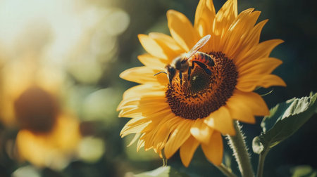 A close-up image of a bee resting on a vibrant sunflower, capturing the essence of nature and pollination in soft morning light. Ideal for showcasing biodiversity and beauty.の素材
