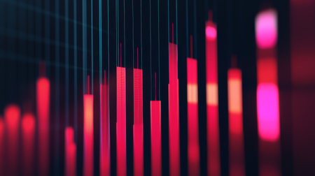 A dynamic visualization of a graph featuring vibrant red and pink bars against a dark background, perfect for illustrating financial data and analysis.の素材