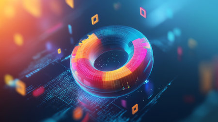 Vibrant 3D doughnut chart illustrates data visualization concepts in a modern, digital style. Perfect for technology and business-related themes.の素材