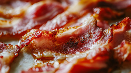 Close-up image of crispy bacon strips laid out on a baking sheet, showcasing their delicious texture and savory appeal, perfect for food lovers.の素材