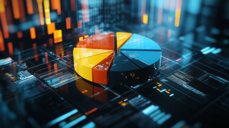 A vibrant pie chart displayed in a digital environment, illustrating data analysis. Perfect for technology and business themes in analytics.の素材