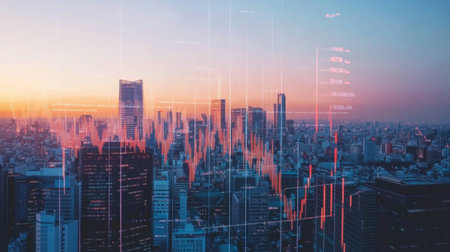 A stunning city skyline at sunset featuring a financial growth chart overlay. This dynamic image captures the essence of urban investment and economic analysis.の素材