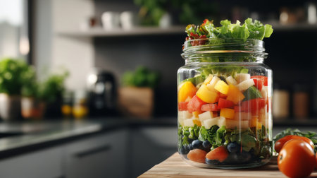 A vibrant and colorful fresh salad displayed in a glass jar, set against a modern kitchen backdrop. Ideal for healthy meal inspiration and food styling.の素材