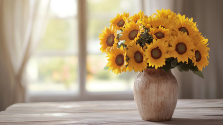 A beautiful arrangement of bright sunflowers in a rustic vase sits on a wooden table, radiating warmth and cheerfulness. Perfect for home decor or seasonal themes.の素材