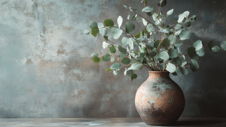 A rustic vase featuring eucalyptus branches against a textured background. This serene still life captures the beauty of nature and minimalism in home decor.の素材
