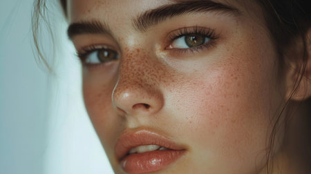 A close-up portrait of a young woman showcasing her natural beauty and freckles, capturing a serene expression and soft glowing skin in a delicate lighting.の素材