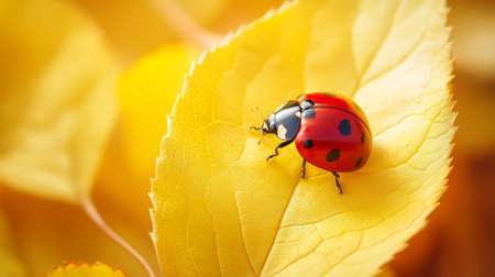A vibrant close-up of a ladybug resting on a bright yellow leaf. The detailed patterns and colors highlight the beauty of nature and insect life.の素材
