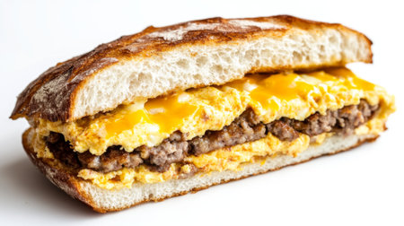 This enticing breakfast sandwich features fluffy scrambled eggs, melted cheese, and savory beef, all nestled between two slices of crusty bread. Perfect for a quick meal.の素材