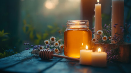 A serene arrangement of honey in a jar surrounded by candles and flowers, creating a warm and tranquil atmosphere in nature. Perfect for wellness themes.の素材