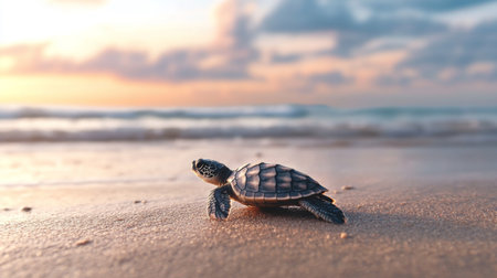A beautiful young sea turtle makes its way across a sandy beach at sunset, showcasing the serene connection between nature and wildlife.の素材