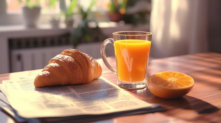 A cozy breakfast scene featuring a croissant, a glass of fresh orange juice, and a slice of orange on a newspaper, capturing the essence of morning relaxation.の素材