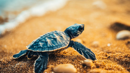 A baby sea turtle makes its way across the sandy beach, heading towards the ocean. The warm sunset casts a serene glow, highlighting this moment of nature.の素材