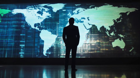 A businessman silhouette stands before a vibrant world map, symbolizing global business, innovation, and professional growth in a modern workspace.の素材