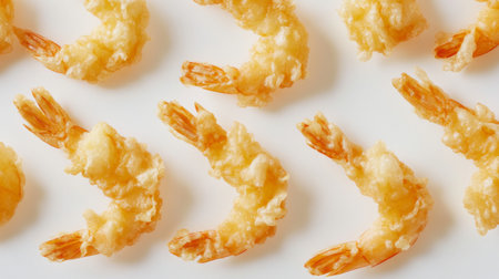 A visually appealing arrangement of crispy fried shrimp, perfect for showcasing in culinary presentations or tempting seafood lovers. Ideal for restaurants or promotional materials.の素材