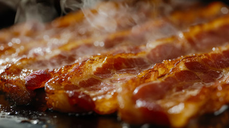 Sizzling strips of crispy bacon frying on a skillet create an irresistible aroma. Perfect for breakfast or brunch, this savory delight is a culinary favorite.の素材