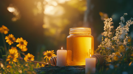 A serene outdoor scene featuring a jar of golden honey, candles, and blooming flowers under warm sunlight, creating a peaceful and relaxing ambiance.の素材