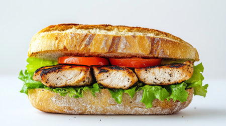 A mouth-watering grilled chicken sandwich featuring fresh lettuce and juicy tomato slices, served on a crusty bread roll, perfect for any meal.の素材