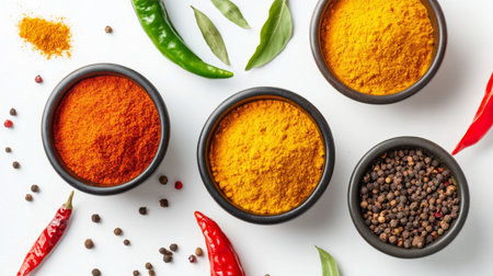 Colorful spices arranged in bowls showcase vibrant hues and textures. Perfect for culinary projects, cooking inspiration, or food recipes.の素材