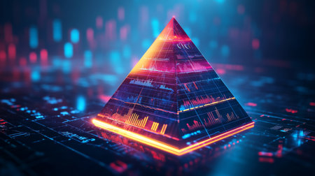 A stunning neon pyramid stands out against a digital backdrop, symbolizing technology and data visualization. Ideal for futuristic themes and innovation concepts.の素材