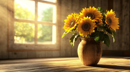 A beautiful arrangement of sunflowers in a rustic vase by a window, capturing the essence of warmth and light, perfect for home decor or uplifting themes.の素材