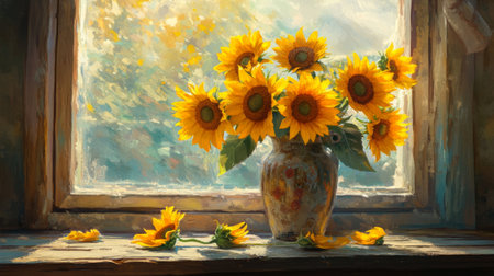 A beautiful arrangement of vibrant sunflowers in a rustic vase, sitting by a sunlit window. Perfect for brightening up any interior space with floral elegance.の素材