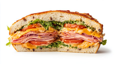 Indulge in a beautifully layered sandwich featuring fresh meat, cheese, and vegetables. Perfect for a quick meal or snack, this appetizing creation is a delightful treat.の素材