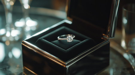 A stunning diamond ring elegantly placed in a luxurious box, symbolizing love and commitment. Perfect for capturing moments of romance and celebration.の素材