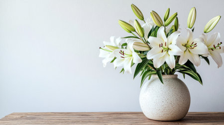 A beautiful arrangement of white lilies in a simple vase, perfect for adding elegance to any indoor space. Ideal for dの素材