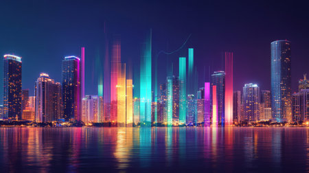 A stunning city skyline illuminated by vibrant lights reflecting on the water. This colorful urban scene captures the essence of modern architecture at night.の素材