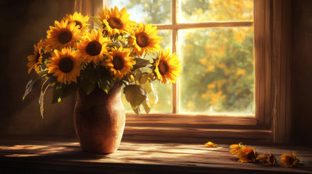 A vibrant arrangement of sunflowers in a rustic vase sits by a sunlit window, creating a warm and inviting atmosphere that embodies natural beauty.の素材