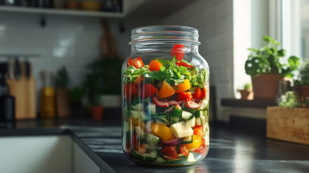 A vibrant selection of fresh vegetables layered in a glass jar, showcasing a healthy and colorful salad option in a sunlit kitchen. Perfect for nutritious meal prep.の素材