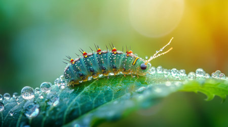 A vibrant close-up of a caterpillar resting on a leaf, covered in glistening dew drops. This detailed image captures the essence of nature and tranquility.の素材