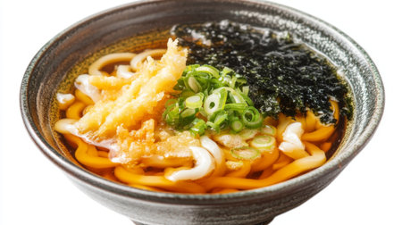 A mouthwatering bowl of noodle soup topped with green onions and seaweed, perfect for lunch or dinner. Enjoy the rich flavors and aromatic broth.の素材