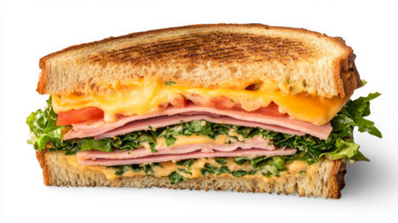 A scrumptious layered sandwich featuring toasted bread, fresh lettuce, tomato, ham, and cheese, perfect for lunch or a tasty snack option.の素材
