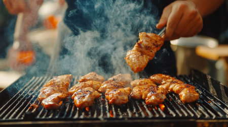A chef grilling marinated chicken pieces on a barbecue grill, creating flavorful smoke in a lively summer atmosphere. Perfect for food lovers!の素材