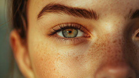 A stunning close-up portrait showcasing a bright eye with unique freckles, highlighting natural beauty and emotion through soft light and focus.の素材
