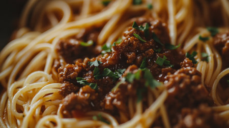 Rich spaghetti topped with savory meat sauce and fresh herbs, showcasing vibrant colors and textures, perfect for food lovers and culinary enthusiasts.の素材