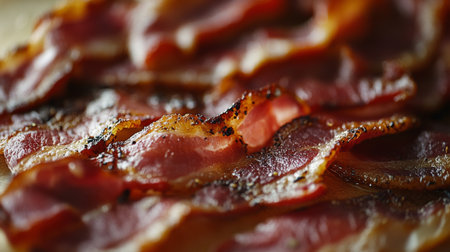 Close-up view of crispy bacon strips arranged on a wooden surface, showcasing a delicious and savory texture perfect for breakfast or snacks.の素材