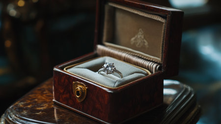 A beautiful engagement ring displayed in a classic wooden box, symbolizing love and commitment. Perfect for romantic gifts, proposals, or weddings.の素材