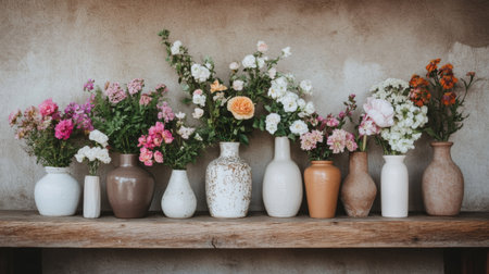 A charming display of fresh flowers in various vases, showcasing vibrant colors and textures. Perfect for home decor or floral arrangements.の素材